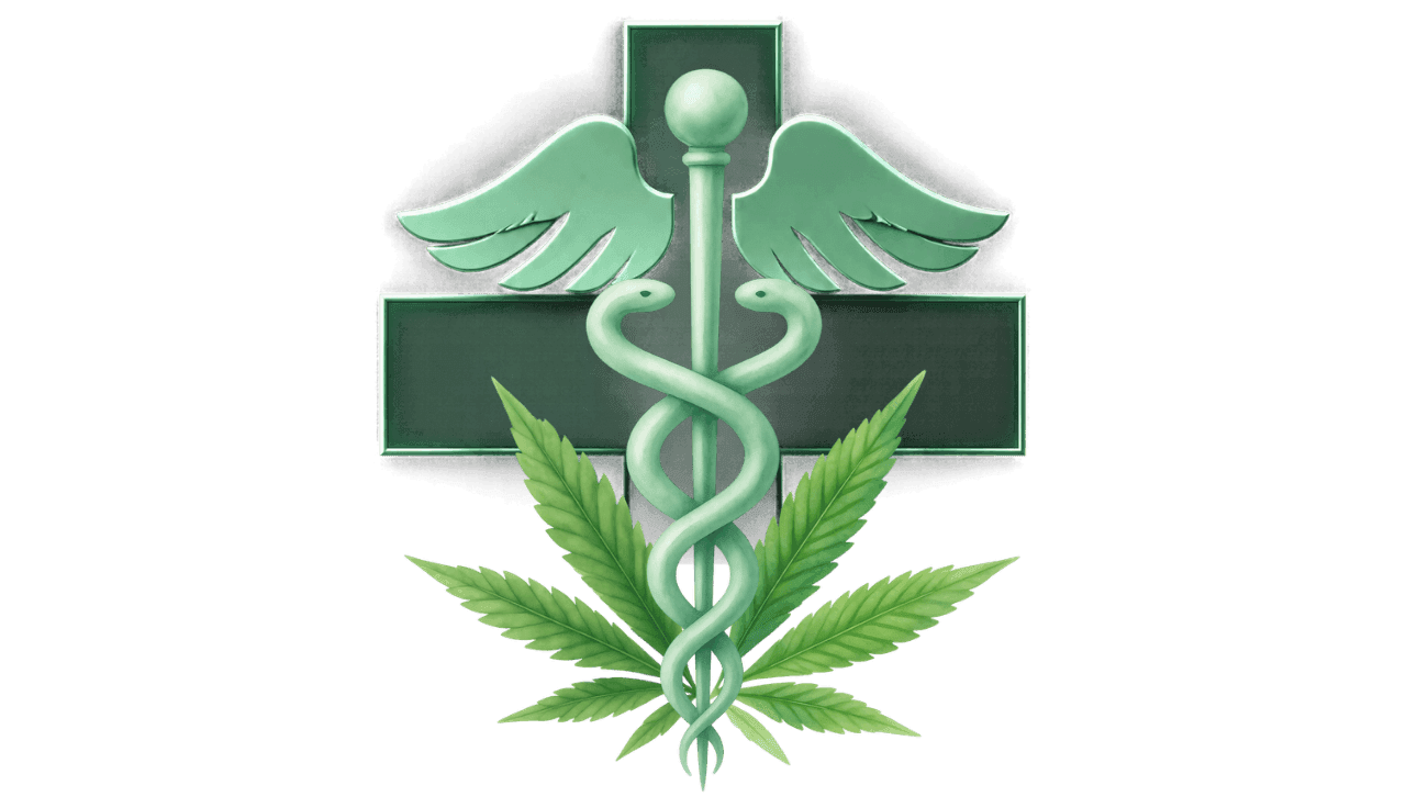 cannabis blatt mit apotheken stab