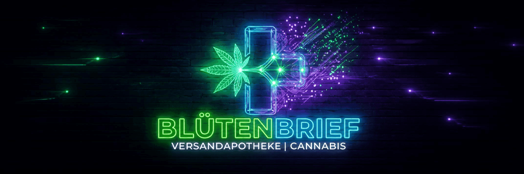 neonfarbenes Kreuz mit Cannabis Blatt und Bluetenbrief Logo auf schwarzem Hintergrund