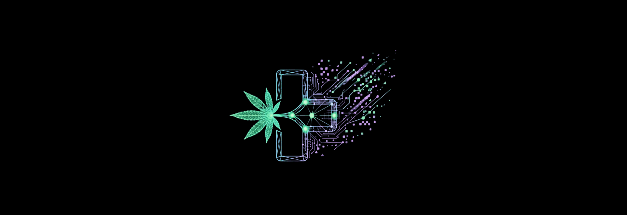 neonfarbenes Kreuz mit Cannabis Blatt auf schwarzem Hintergrund